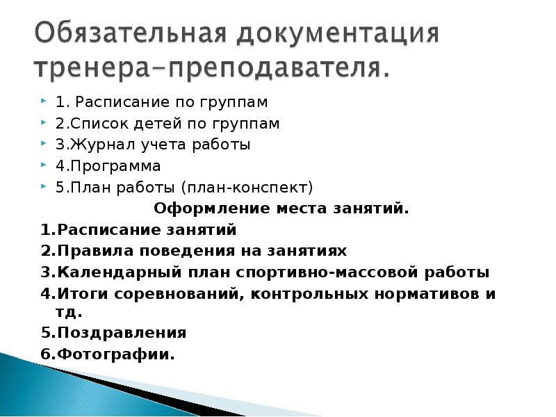 Вид деятельности тренера. Перечень документов, регламентирующих деятельность тренера. Стиль работы преподавателя. Основная документация учителя физики. Нормирование работы тренера-преподавателя.