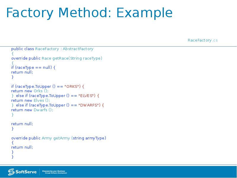 Instance method. Methodology example. Factory method code.