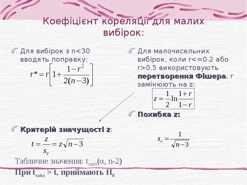 Коефіцієнт кореляції для малих вибірок: Для вибірок з n<30 вводять поправку:
