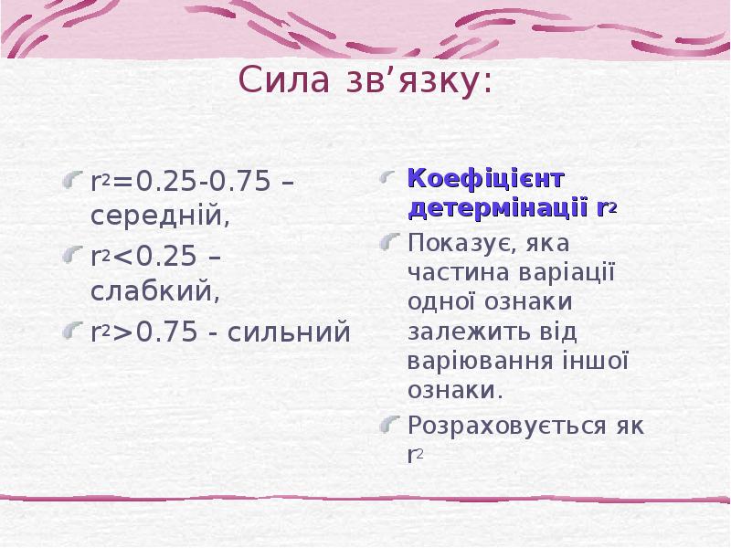 Cила зв’язку: r2=0.25-0.75 – середній,  r2<0.25 – слабкий,  r2>0.75