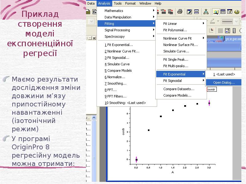 Приклад створення моделі експоненційної регресії Маємо результати дослідження зміни довжини м’язу