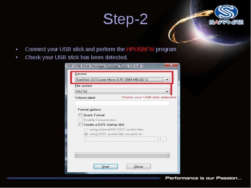 Step-2 Connect your USB stick and perform the HPUSBFW program 