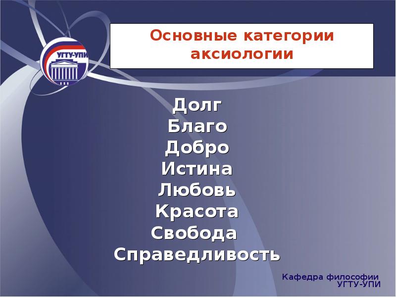 Долг Благо Добро Истина Любовь Красота Свобода  Справедливость