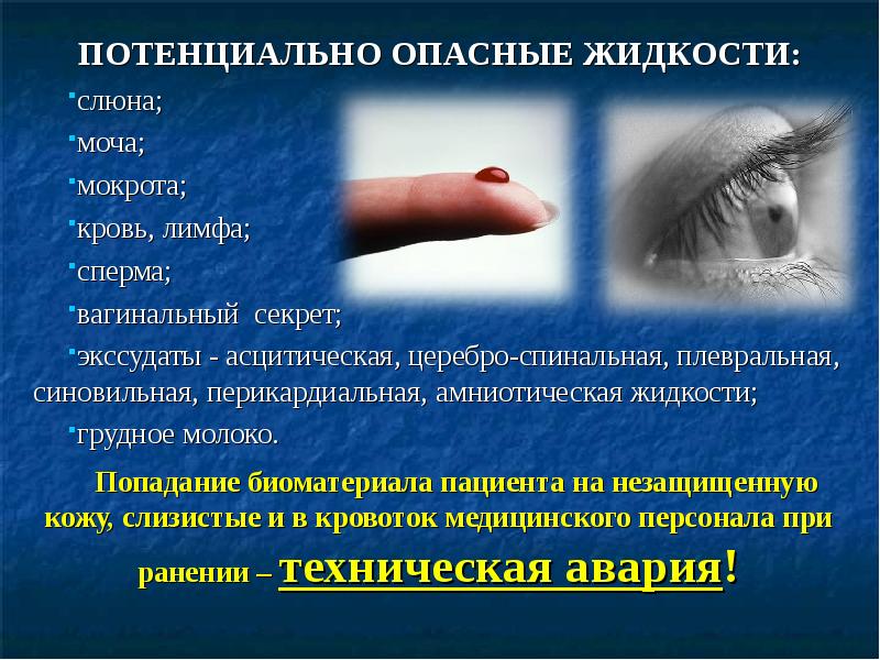 ПОТЕНЦИАЛЬНО ОПАСНЫЕ ЖИДКОСТИ: слюна; моча; мокрота; кровь, лимфа; сперма; вагинальный секрет;