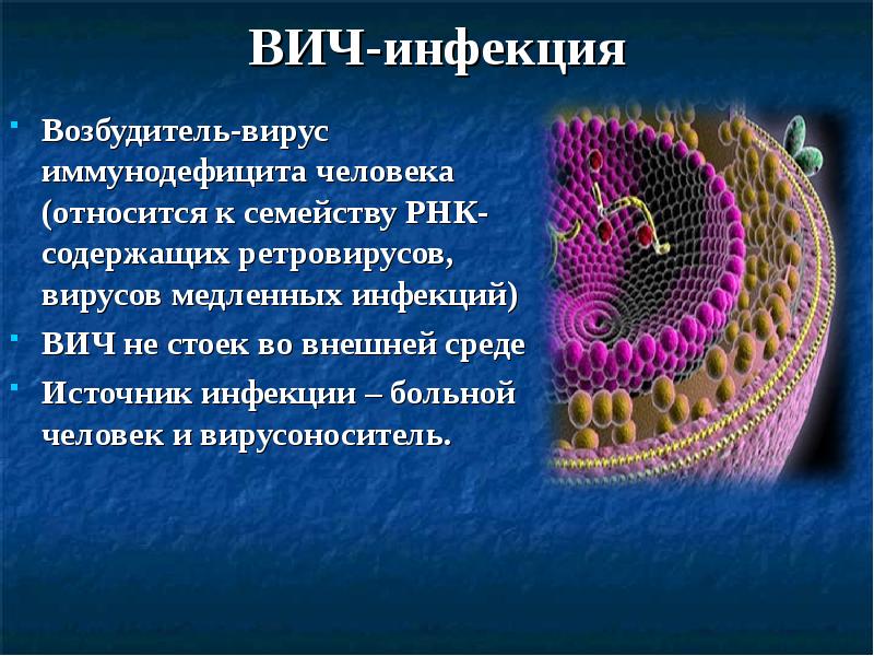 ВИЧ-инфекция Возбудитель-вирус иммунодефицита человека (относится к семейству РНК-содержащих ретровирусов, вирусов медленных