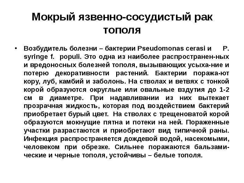 Болезни взрослых. Бактериальное заболевание тополя. 4. Возбудителями некрозно-раковых заболеваний тополя.