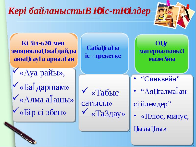 Кері байланыстың әдіс-тәсілдер «Ауа райы»,  «Бағдаршам» «Алма ағашы»  «Бір
