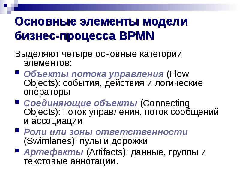 Основные элементы модели бизнес-процесса BPMN
Выделяют четыре основные категории элементов:
Объекты Основные элементы модели бизнес-процесса BPMN
Выделяют четыре основные категории элементов:
Объекты