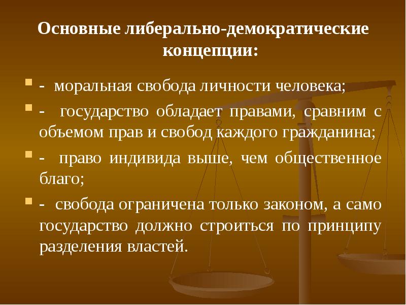 Демократические идеи. Либерально демократические страны. Основные принципы демократического государства. Демократические права и свободы человека. Либерально-демократический режим страны.