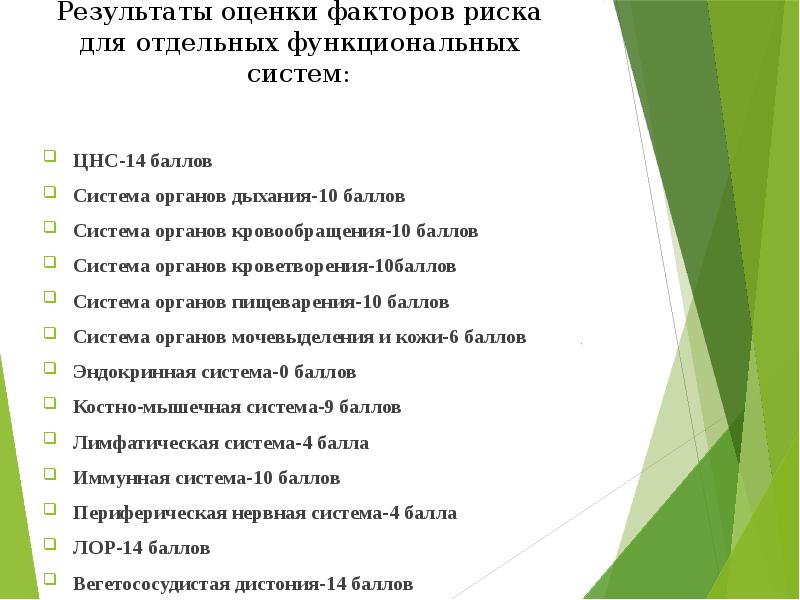 Результаты оценки факторов риска для отдельных функциональных систем: ЦНС-14 баллов