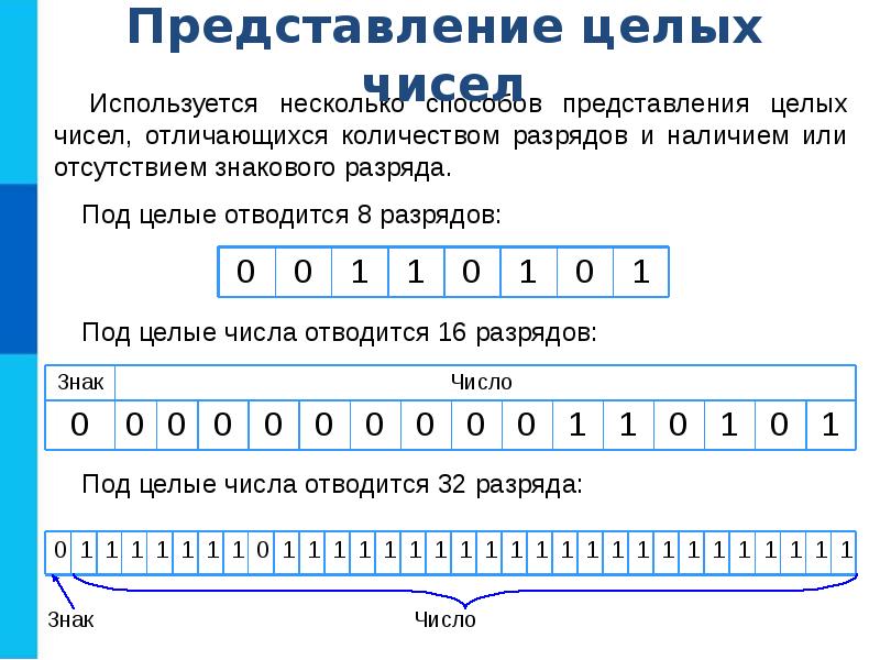 Представление целых чисел. Для представления информации в памяти компьютера используется. Что такое знаковый разряд в информатике. 8 Разряд. Для представления информации в памяти компьютера используется ответ.