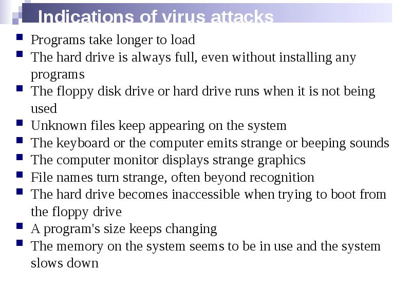 Indications of virus attacks
Programs take longer to load
The hard Indications of virus attacks
Programs take longer to load
The hard