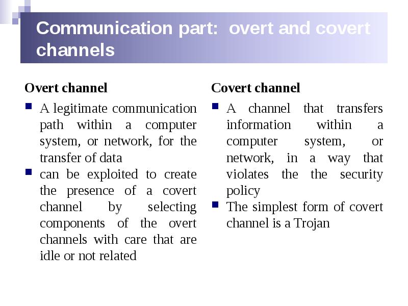 Communication part: overt and covert channels
Overt channel Communication part: overt and covert channels
Overt channel