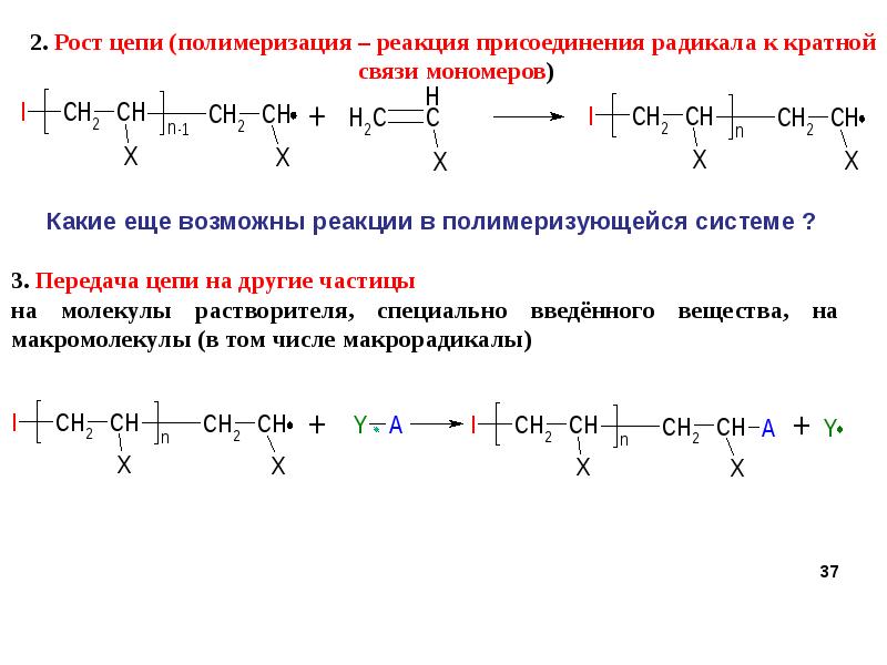 Цепь мономеров. Цепной механизм роста цепи полимеризация. Передача цепи при полимеризации метилметакрилата. Ступенчатая и цепная полимеризация. Реакция передачи цепи на мономер.