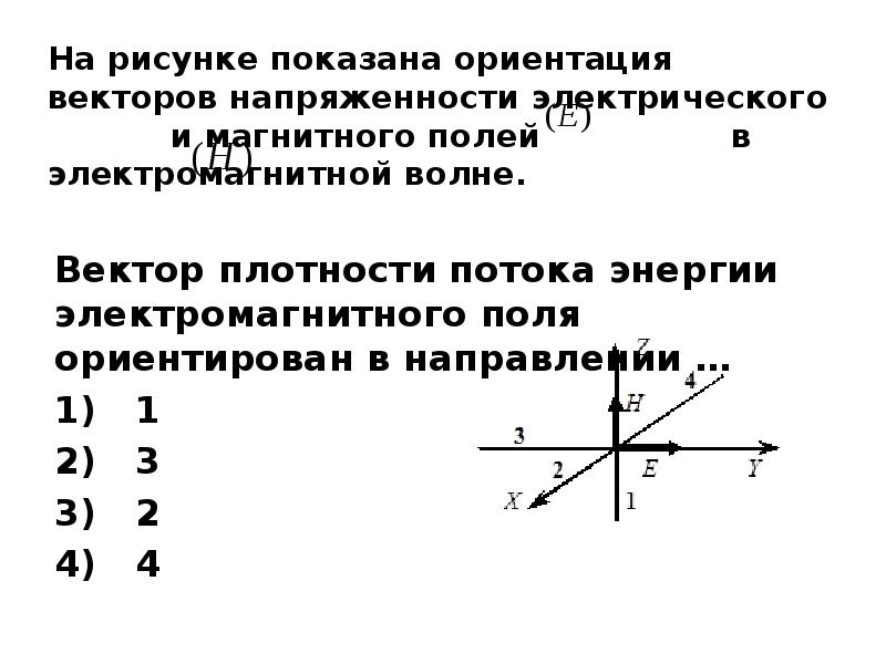 На рисунке показана ориентация векторов напряженности электрического и магнитного полей в элек волне