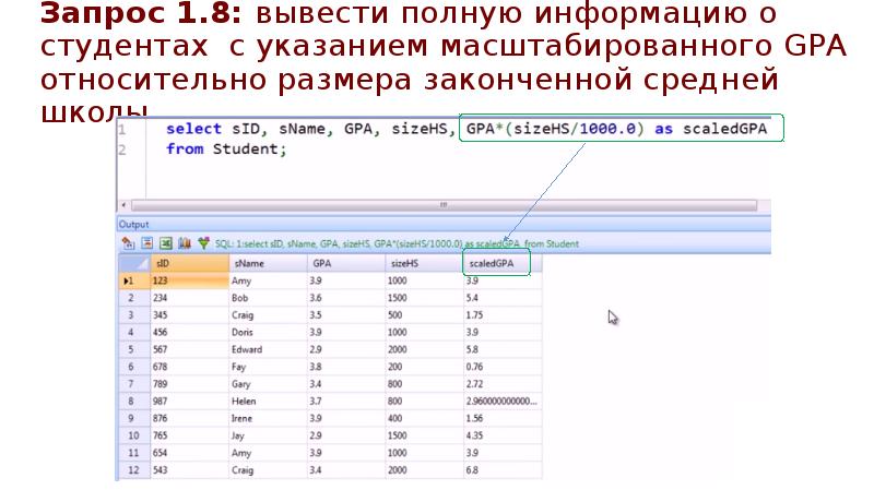 Запрос 1.8: вывести полную информацию о студентах с указанием масштабированного GPA Запрос 1.8: вывести полную информацию о студентах с указанием масштабированного GPA