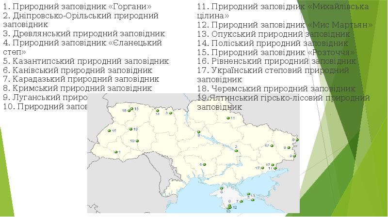 1. Природний заповідник «Горгани» 2. Дніпровсько-Орільський природний заповідник 3. Древлянський природний