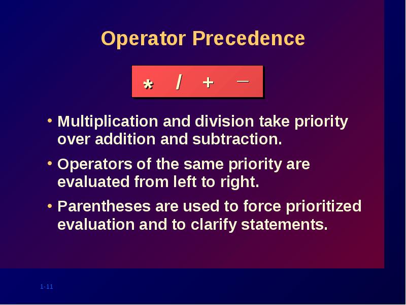 Operator Precedence
Multiplication and division take priority over addition and subtraction.
Operator Precedence
Multiplication and division take priority over addition and subtraction.