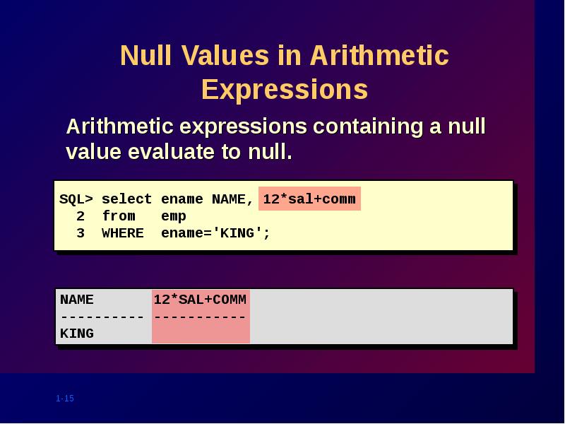 Null Values in Arithmetic Expressions
Arithmetic expressions containing a null value Null Values in Arithmetic Expressions
Arithmetic expressions containing a null value