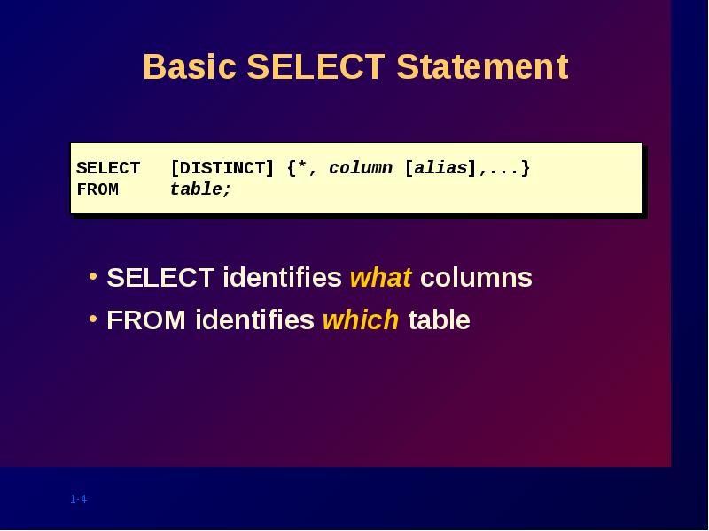 Basic SELECT Statement
SELECT identifies what columns
FROM identifies which table Basic SELECT Statement
SELECT identifies what columns
FROM identifies which table