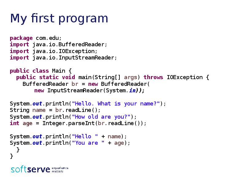 My first program
package com.edu;
import java.io.BufferedReader;
import java.io.IOException;
import java.io.InputStreamReader;
My first program
package com.edu;
import java.io.BufferedReader;
import java.io.IOException;
import java.io.InputStreamReader;