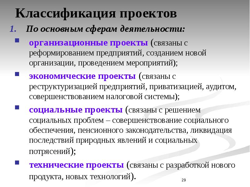 Как подразделяются проекты по сферам деятельности