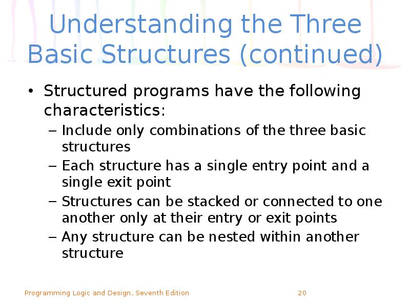 Understanding the Three Basic Structures (continued)
Structured programs have the following Understanding the Three Basic Structures (continued)
Structured programs have the following