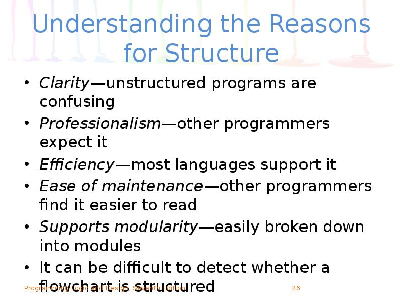 Understanding the Reasons for Structure
Clarity—unstructured programs are confusing
Professionalism—other programmers Understanding the Reasons for Structure
Clarity—unstructured programs are confusing
Professionalism—other programmers