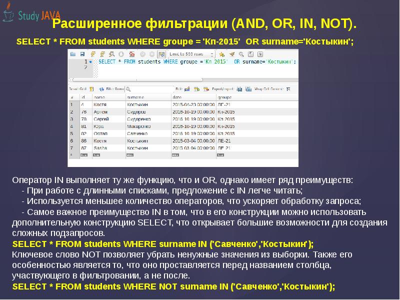 Расширенное фильтрации (AND, OR, IN, NOT).