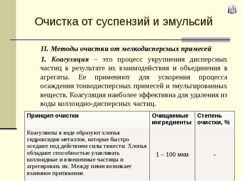 Очистка от примесей. Методы очистки суспензий. Способы очистки эмульсий. Методы очистки от мелкодисперсных примесей. Очистка сточных вод от суспензий и эмульсий.