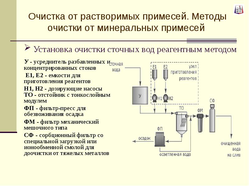 Методы очистки. 2 Блок-схема очистки сточных вод реагентным методом. У - усреднитель стоков; е1, е2 - емкости для приготовления реагентов. Схема реагентного метода очистки. Схема очистки сточных вод от тяжелых металлов.