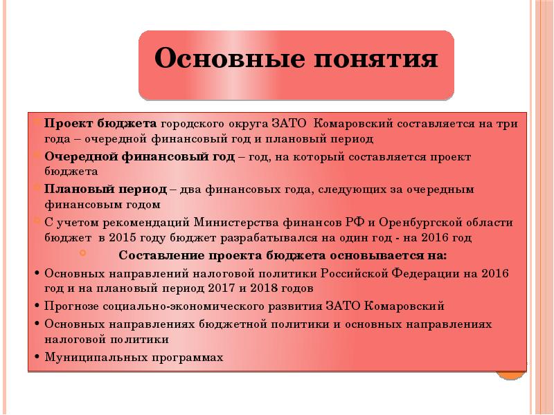 Очередной год бюджет. Когда и кем составляется доклад. На период очередного. Переосмечивание проекта сроком 3 года.