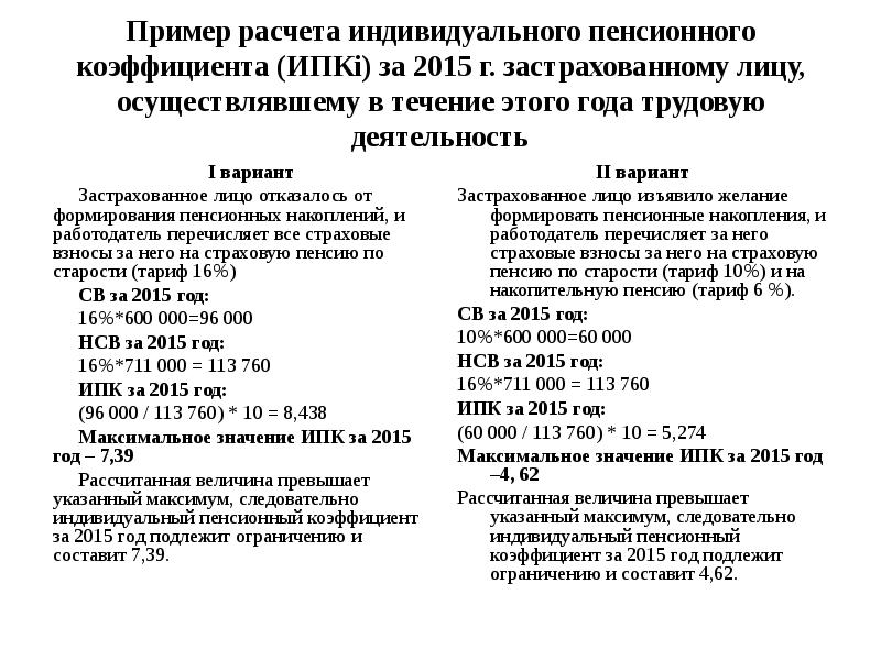 Пример расчета индивидуального пенсионного коэффициента (ИПКi) за 2015 г. застрахованному лицу,