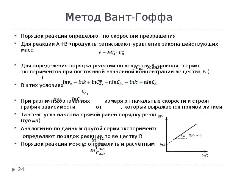 Порядок реакции. Порядок реакции метод вант-Гоффа. Методы определения порядка реакции вант Гоффа. Дифференциальный метод (метод вант-Гоффа. Графический метод вант Гоффа.