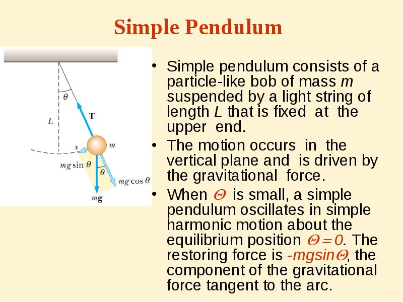 Simple Pendulum
Simple pendulum consists of a particle-like bob of mass Simple Pendulum
Simple pendulum consists of a particle-like bob of mass