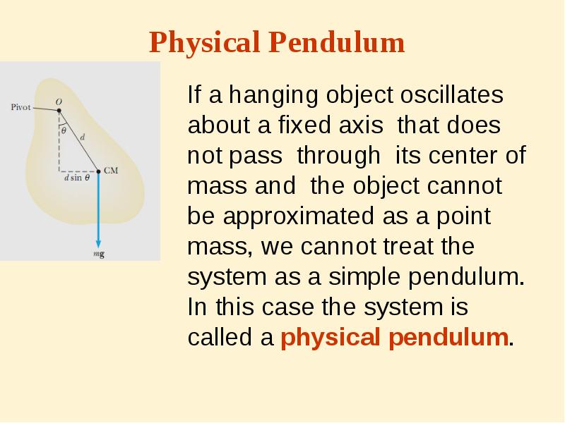 Physical Pendulum
If a hanging object oscillates about a fixed axis Physical Pendulum
If a hanging object oscillates about a fixed axis