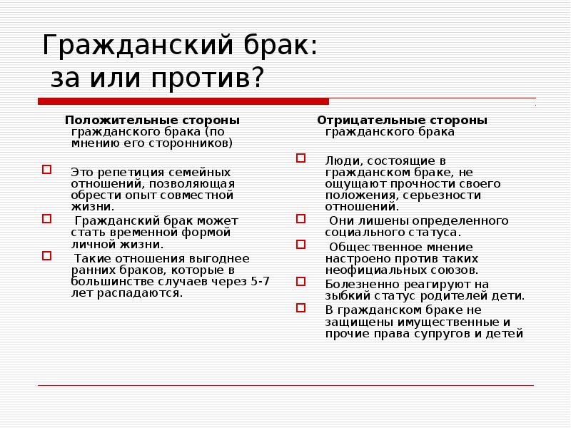 Гражданский брак за и против презентация