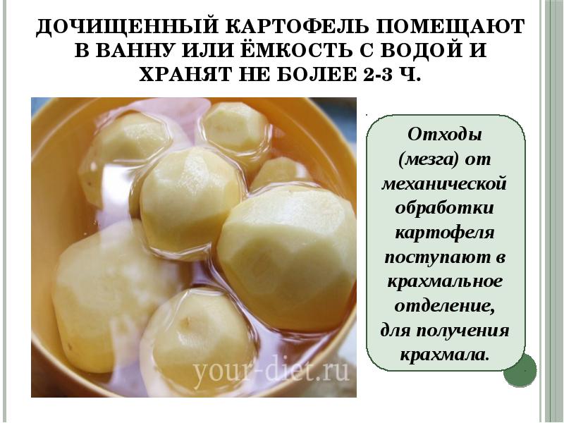 Дочищенный картофель помещают в ванну или ёмкость с водой и хранят