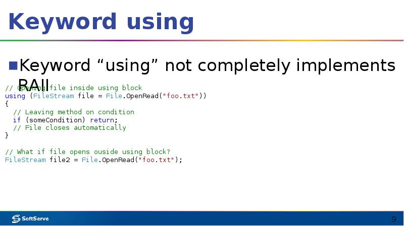 Keyword using
Keyword “using” not completely implements RAII Keyword using
Keyword “using” not completely implements RAII