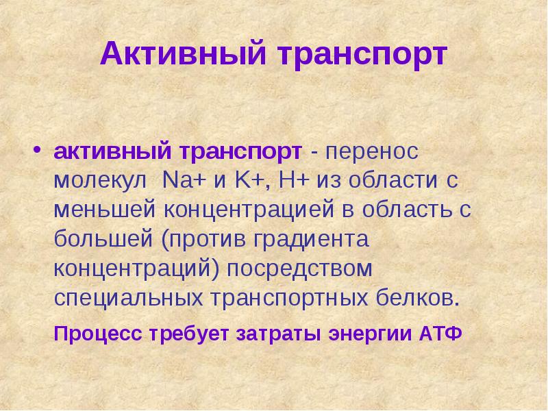 Активный транспорт
активный транспорт - перенос молекул Na+ и K+, H+ Активный транспорт
активный транспорт - перенос молекул Na+ и K+, H+