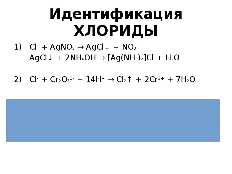 Идентификация ХЛОРИДЫ 1)Cl- + AgNO3 → AgCl ↓ + NO3-AgCl ↓ + 2NH4OH → Ag(NH3)2 Cl ...