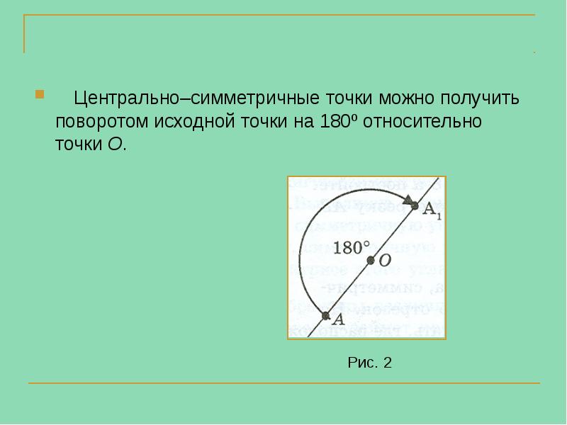 Центрально–симметричные точки можно получить поворотом исходной точки на 180º относительно точки Центрально–симметричные точки можно получить поворотом исходной точки на 180º относительно точки