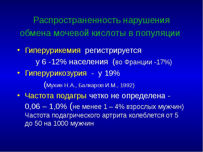 Распространенность нарушения обмена мочевой кислоты в популяции  Гиперурикемия регистрируется 