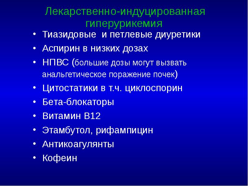 Лекарственно-индуцированная гиперурикемия Тиазидовые и петлевые диуретики Аспирин в низких дозах НПВС