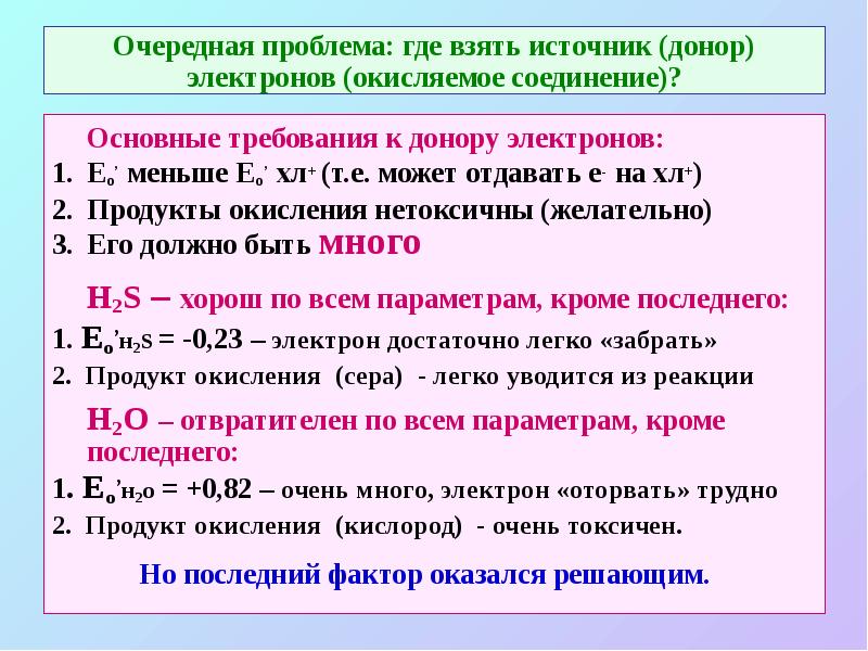 Очередная проблема: где взять источник (донор) электронов (окисляемое соединение)? 	Основные требования
