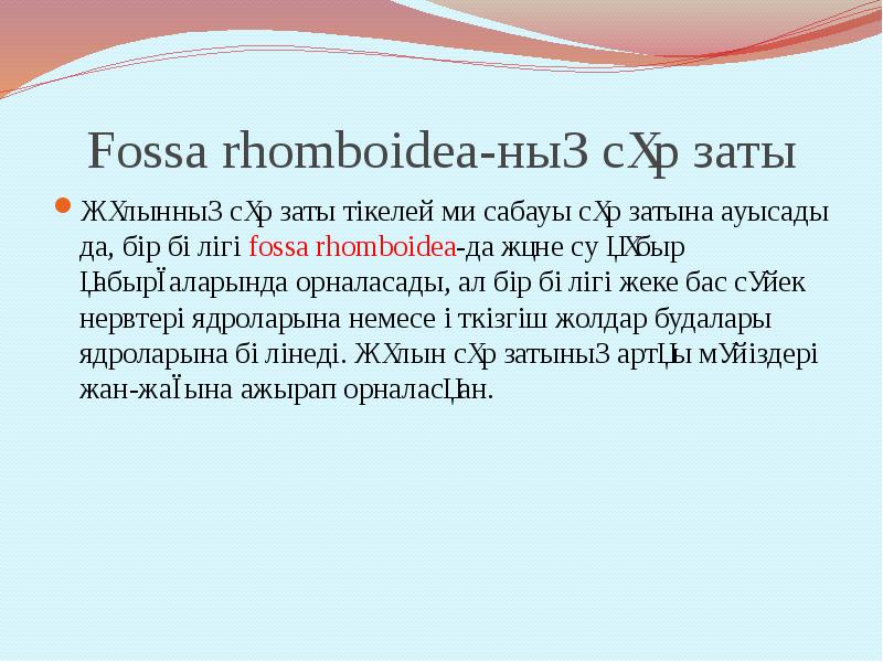 Fossa rhomboidea-ның сұр заты
Жұлынның сұр заты тікелей ми сабауы сұр Fossa rhomboidea-ның сұр заты
Жұлынның сұр заты тікелей ми сабауы сұр