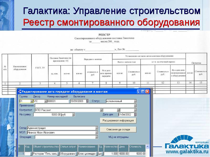 Реестр оборудования. Список смонтированного оборудования.