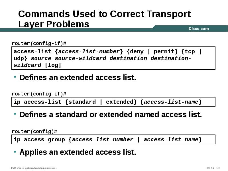 Commands Used to Correct Transport Layer Problems