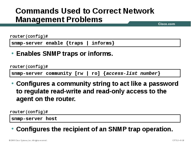 Commands Used to Correct Network Management Problems