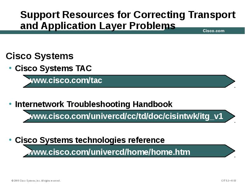 Support Resources for Correcting Transport and Application Layer Problems Cisco Systems